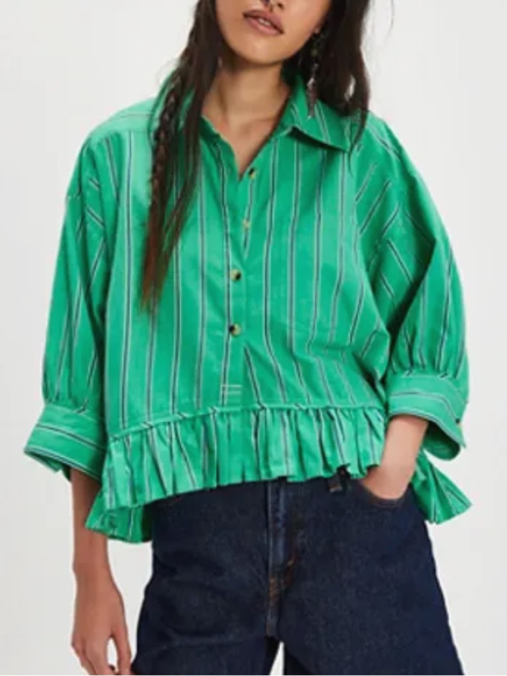 Free People We The Free Bailey Stripe Shirt - Green Combo - Large - NWT